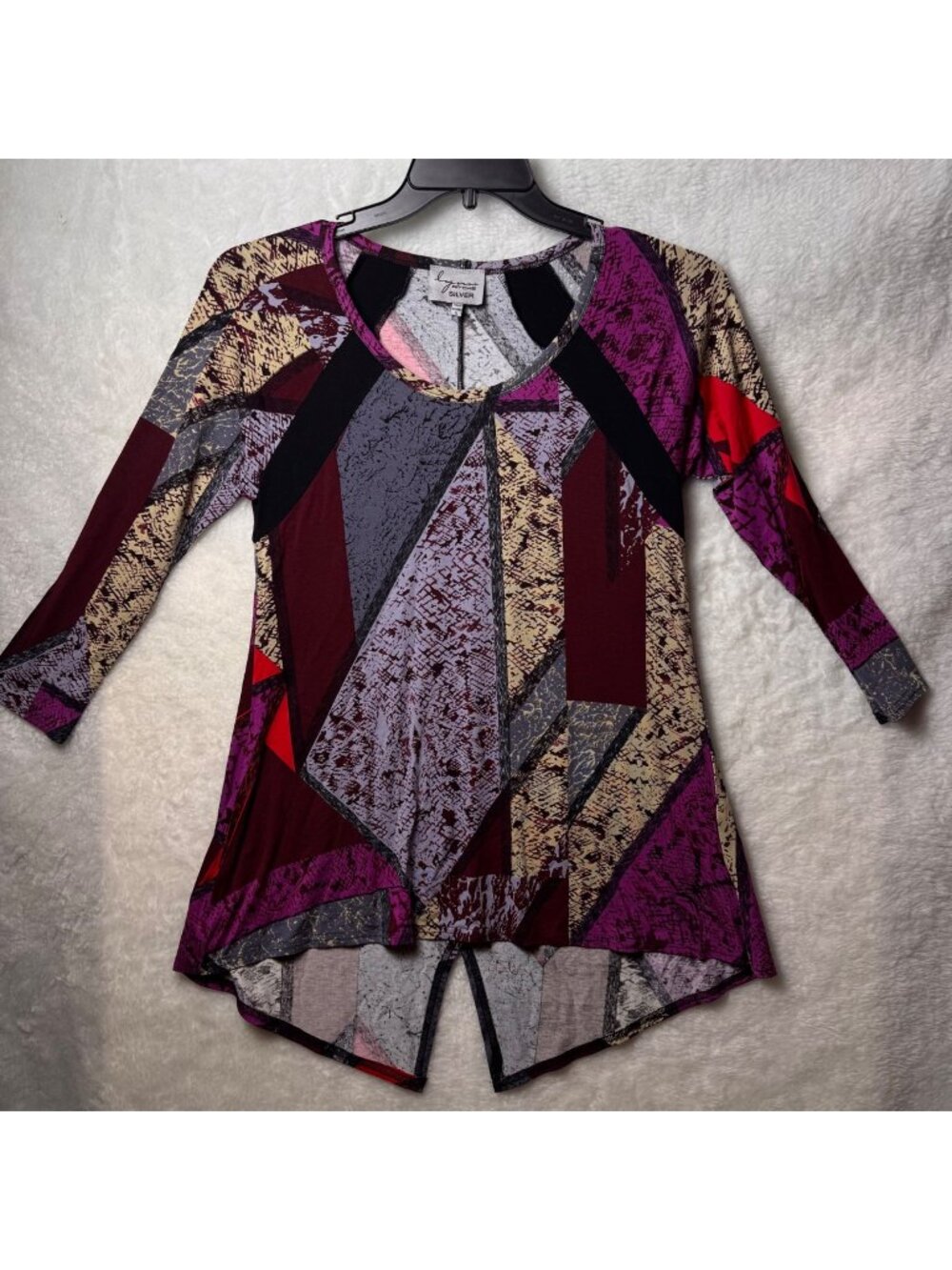 Lynn Ritchie Silver small patchwork tunic top purple geometric print shark bite